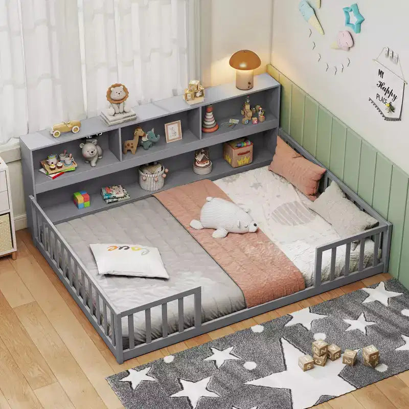 Lit de sol Montessori double/complet avec étagères de rangement et barrières de sécurité Blanc/Gris