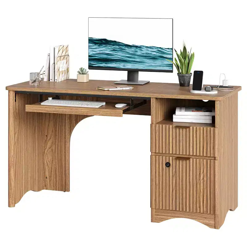 Bureau d'ordinateur intelligent Bestier 55, bureau en chêne avec tiroirs de classement et prise de courant, bureau de direction avec rangement ouvert et tiroir à clavier
