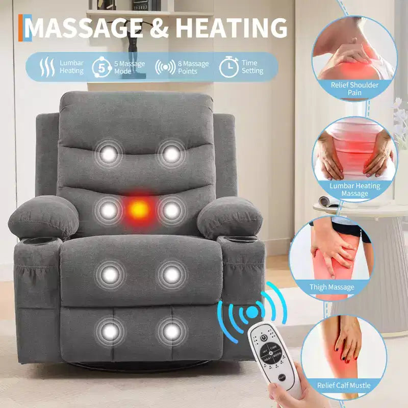 Fauteuil Inclinable Pivotant avec Massage et Chaleur, Fauteuil à Bascule 360° avec Porte-Gobelets et Poches Latérales, Canapé Ergonomique pour Salon, Camping-car, Chambre de Bébé
