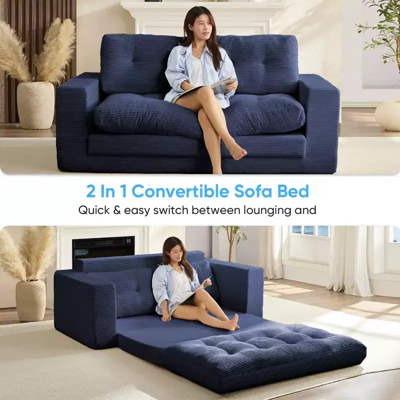 Mjkone Canapé-Lit Futon Convertible 2-en-1 180 cm, Canapé Deux Places Pliable en Tissu Côtelé avec Boutons Touffetés, Idéal pour Petits Espaces