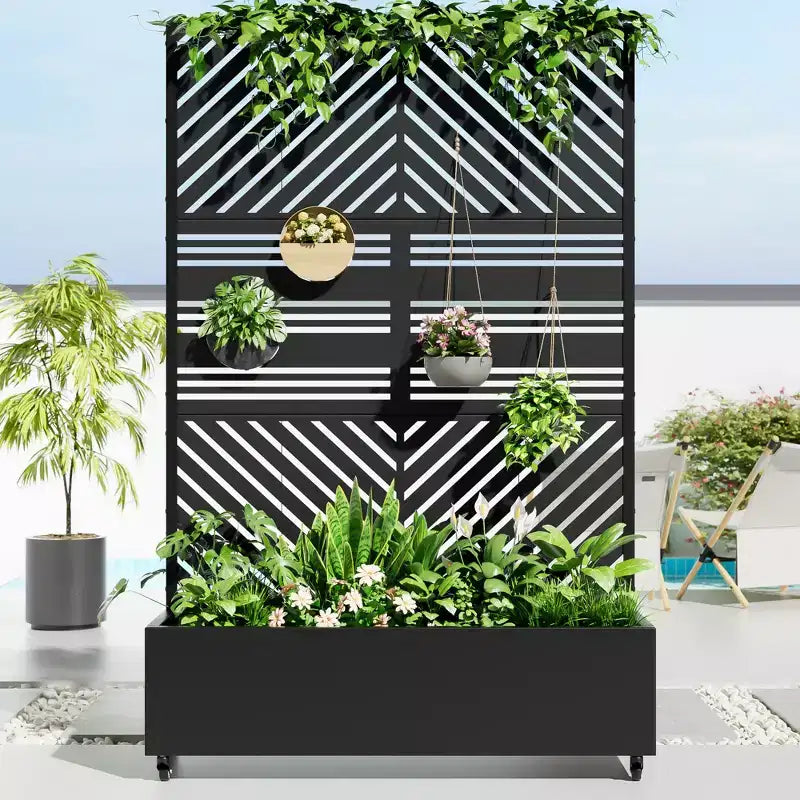 MAYEERTY Jardinière avec treillis en fer noir, ligne parallèle 01, style combiné classique à persiennes, 183x119x41cm, ensemble de 3 pièces