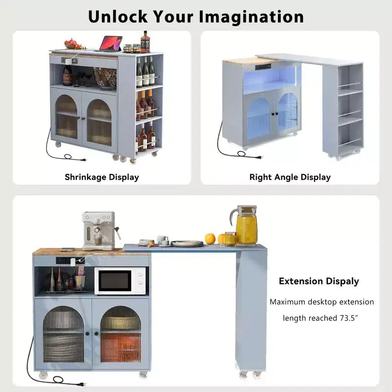Îlot de cuisine roulant avec 2 portes en verre, Desserte de cuisine avec table extensible et prises de courant, Îlot de cuisine avec étagères ouvertes latérales