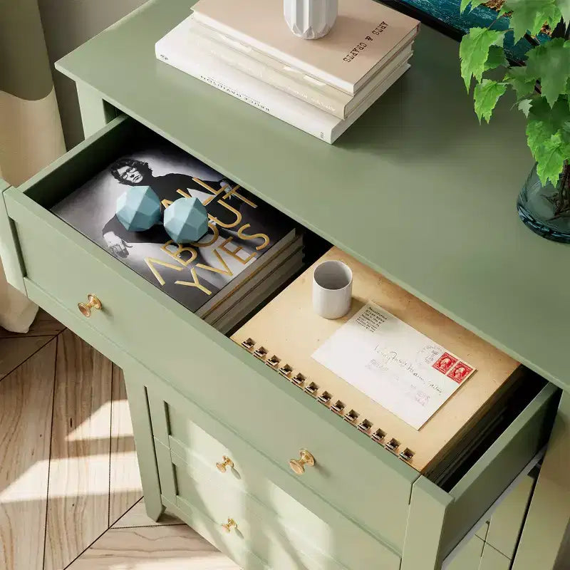Commode à 5 tiroirs de 108 cm de haut pour chambre à coucher, armoire de rangement en bois avec tiroirs de 30 cm de profondeur et poignées en métal doré, idéale pour l'entrée ou le couloir
