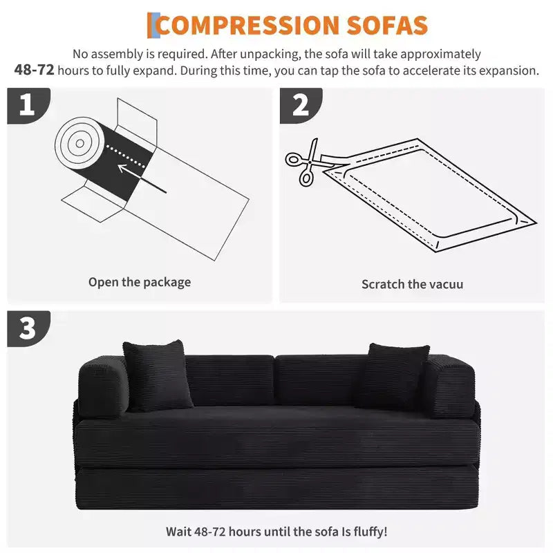 Canapé convertible, matelas pliant 5-en-1 de 78,8 po, cadre en acier à forme fixe, velours côtelé avec oreillers