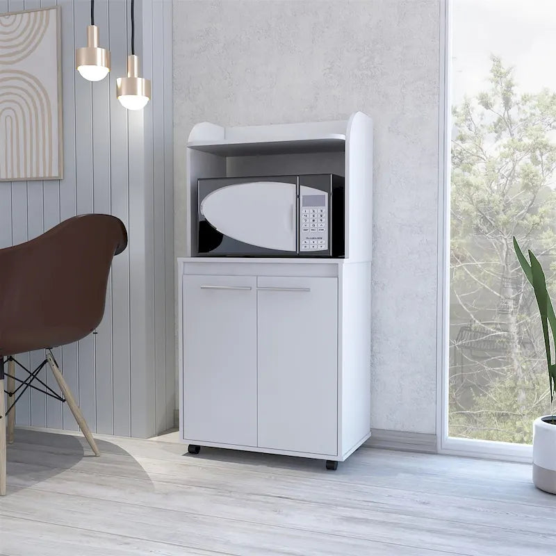 Dessertes roulantes de cuisine à 2 niveaux avec étagère ouverte et armoire à double porte pour micro-ondes