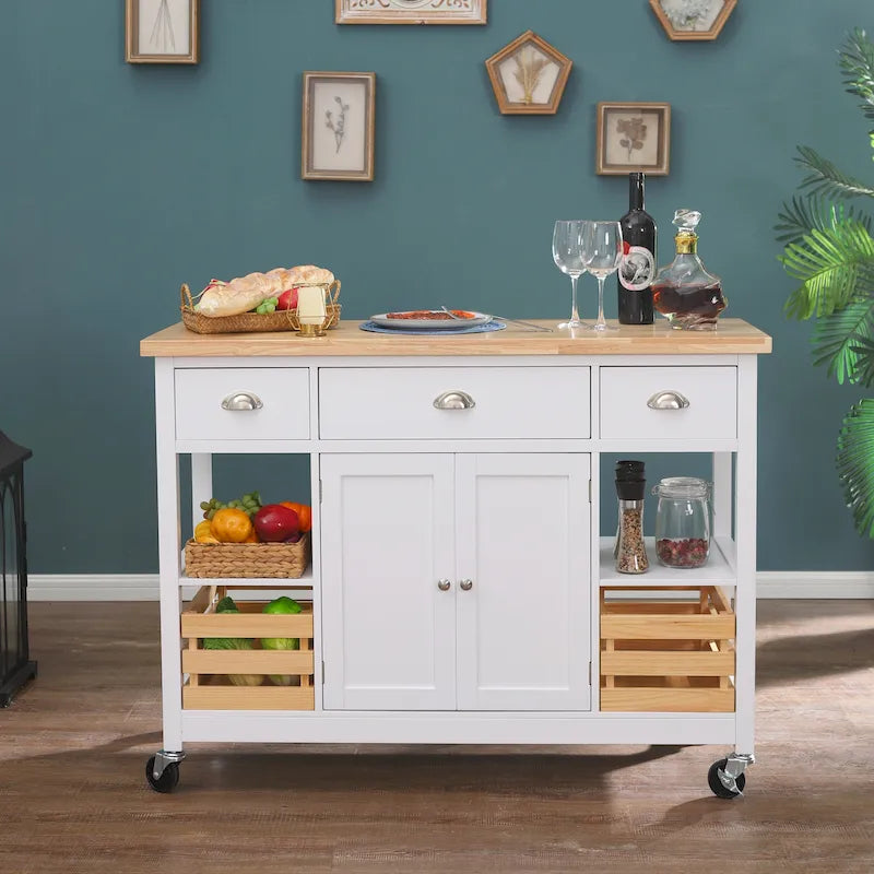 Desserte de cuisine en bois à 3 niveaux avec roulettes et panier de rangement