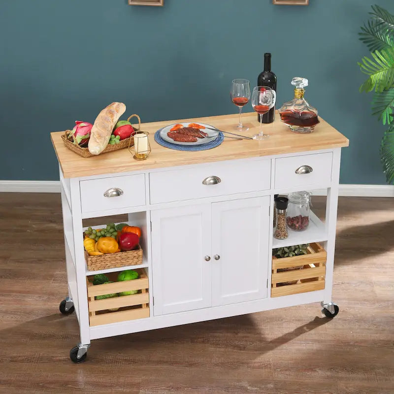 Desserte de cuisine en bois à 3 niveaux avec roulettes et panier de rangement