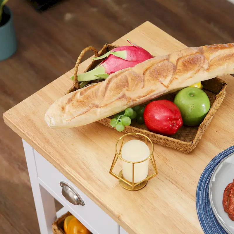 Desserte de cuisine en bois à 3 niveaux avec roulettes et panier de rangement