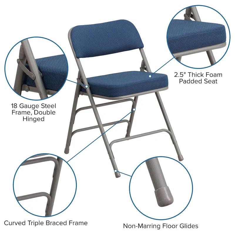 Lot de 4 chaises pliantes en métal courbées à triple renfort et charnières, revêtement en tissu