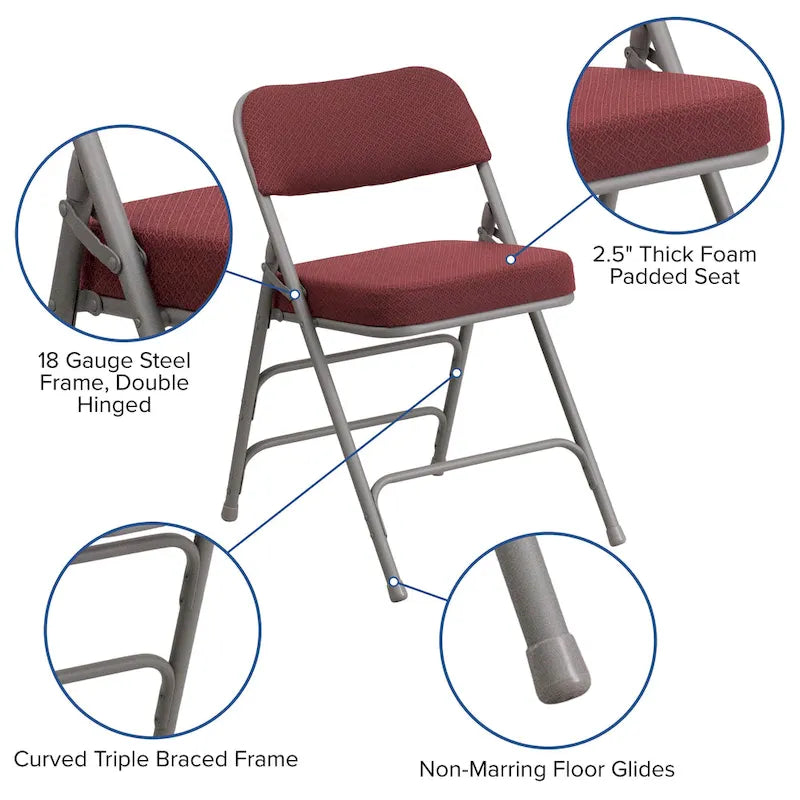 Lot de 4 chaises pliantes en métal courbées à triple renfort et charnières, revêtement en tissu