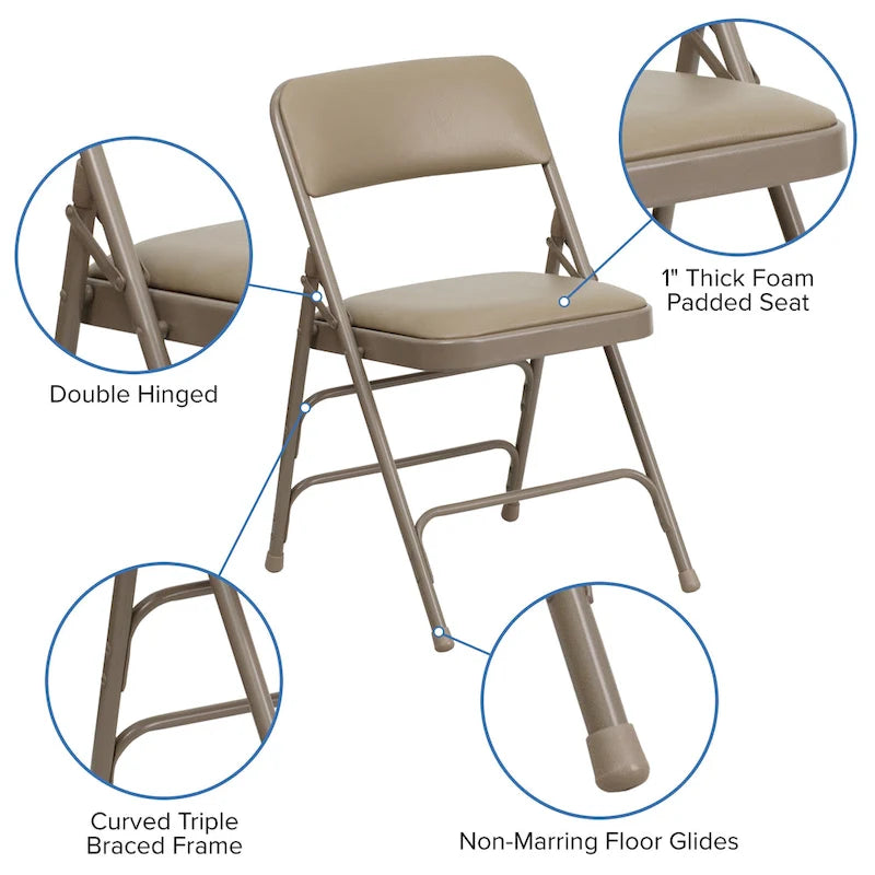 Chaise pliante en métal incurvée à triple renfort et double charnière, lot de 4