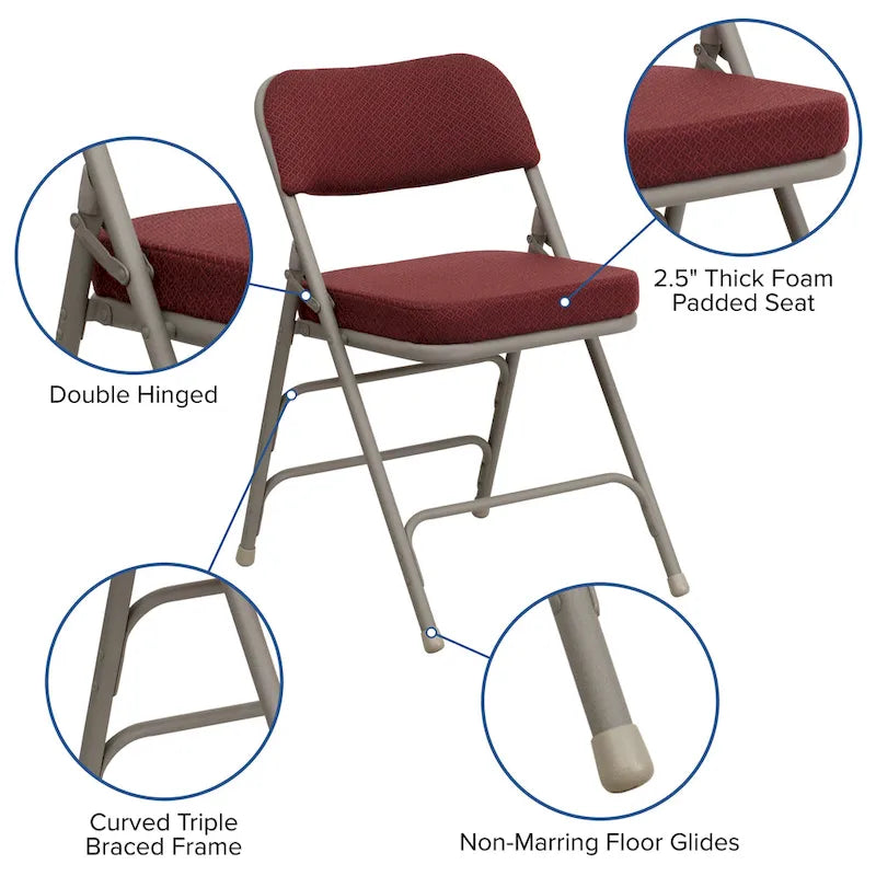 Lot de 2 chaises pliantes rembourrées en métal, avec triple renfort incurvé et double charnière