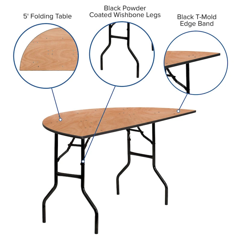 Table de banquet pliante en bois demi-ronde de 5 pieds - Table événementielle et de traiteur
