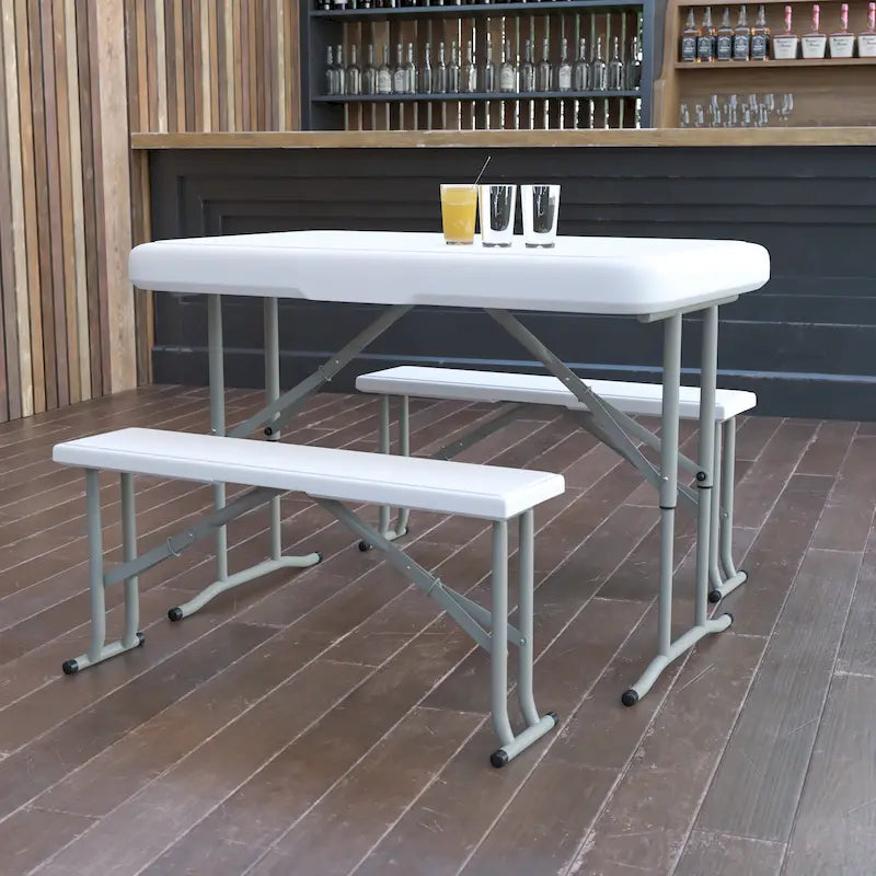 Ensemble de 3 tables et bancs pliants portables en plastique