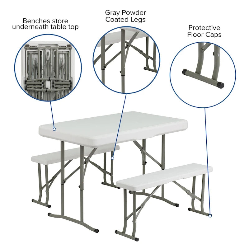 Ensemble de 3 tables et bancs pliants portables en plastique