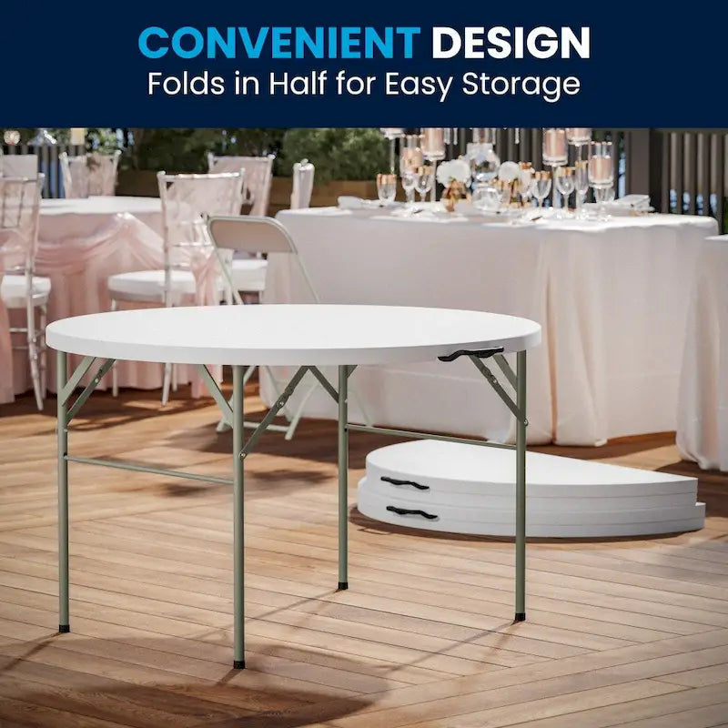 Table pliante événementielle en plastique bi-plis ronde de 4 pieds avec poignée