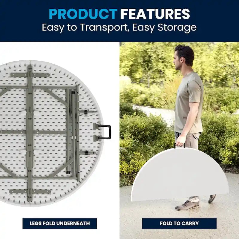 Table pliante événementielle en plastique bi-plis ronde de 4 pieds avec poignée