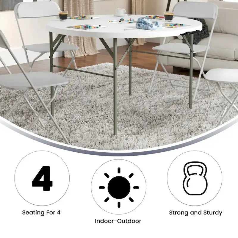Table pliante événementielle en plastique bi-plis ronde de 4 pieds avec poignée