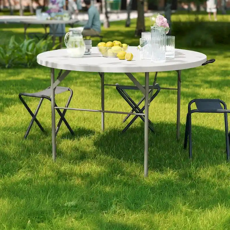 Table pliante événementielle en plastique bi-plis ronde de 4 pieds avec poignée