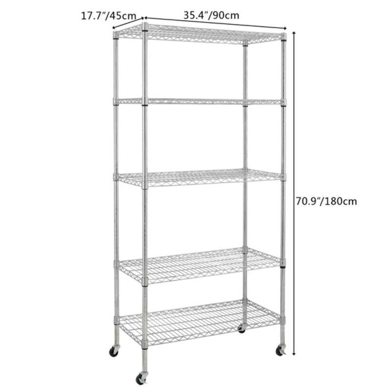 Étagères métalliques à 5 niveaux certifiées NSF avec roues noires - (35,43 x 17,72 x 70,87)