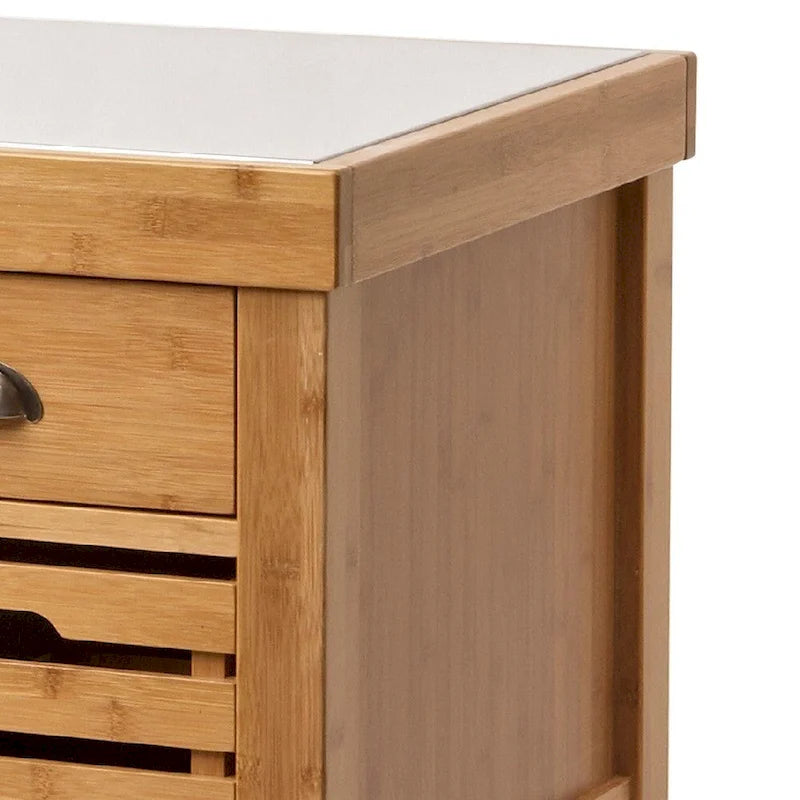 Desserte de cuisine en bambou de 91 cm avec 2 tiroirs et plateau en acier inoxydable, marron – 56 L x 74 l x 91 H cm