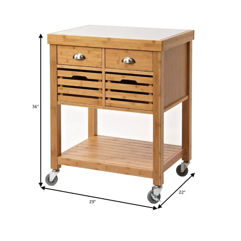 Desserte de cuisine en bambou de 91 cm avec 2 tiroirs et plateau en acier inoxydable, marron – 56 L x 74 l x 91 H cm