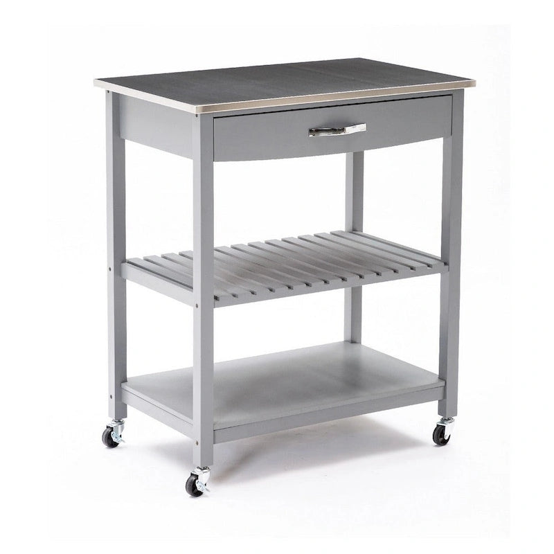 Desserte de cuisine îlot à 2 niveaux de 38 pouces, étagère, plateau en acier, roulettes verrouillables, gris - 19L x 30.5W x 35.75H