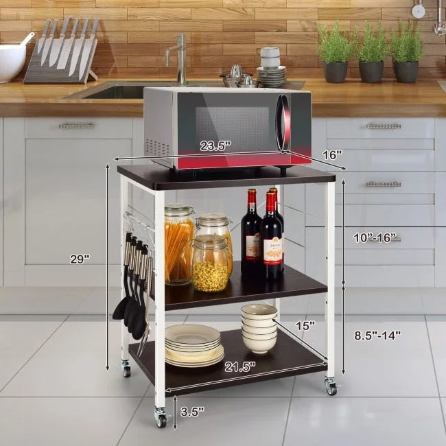 Étagère de cuisine à 3 niveaux pour four à micro-ondes avec crochets – 23,5 x 16 x 29 (L x l x H)