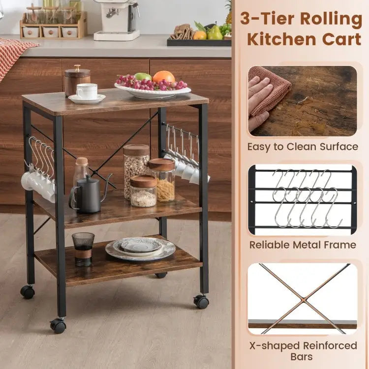 Étagère de cuisine à 3 niveaux pour four à micro-ondes avec crochets – 23,5 x 16 x 29 (L x l x H)