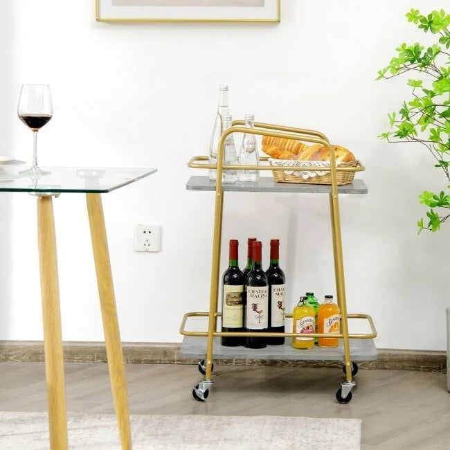 Chariot de cuisine roulant à 2 niveaux avec cadre en acier et roulettes verrouillables-Gris - 16 x 24 x 32,5 (L x l x H)