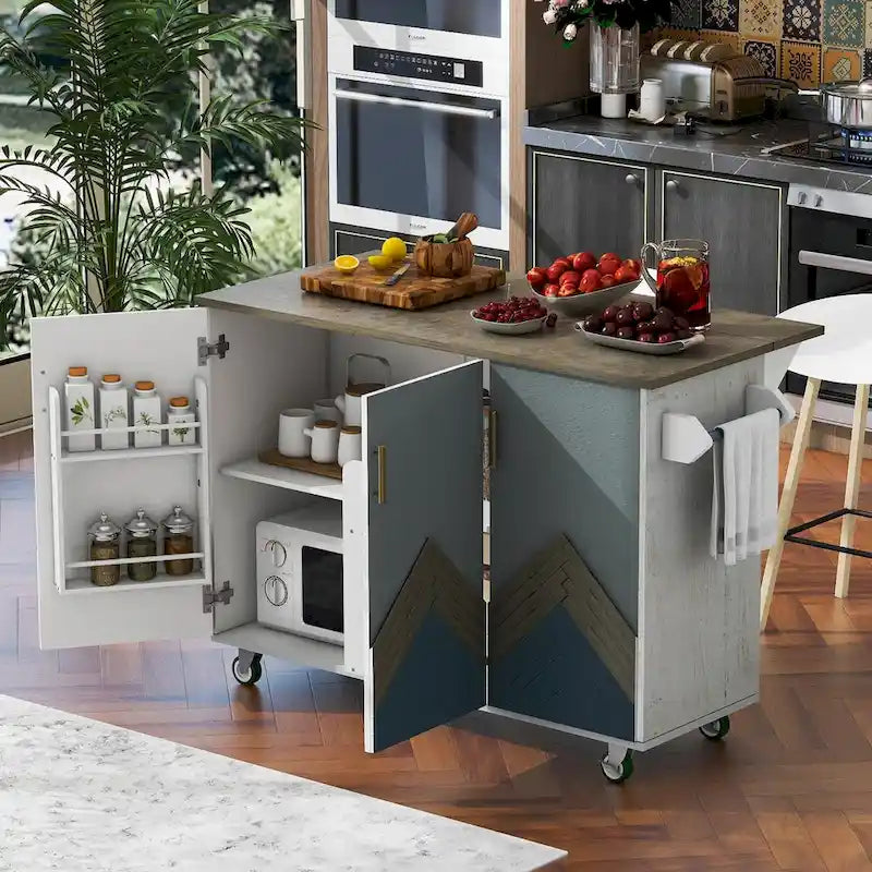 47 îlot de cuisine rétro en bois avec abattant, style ferme sur roulettes, rangement interne