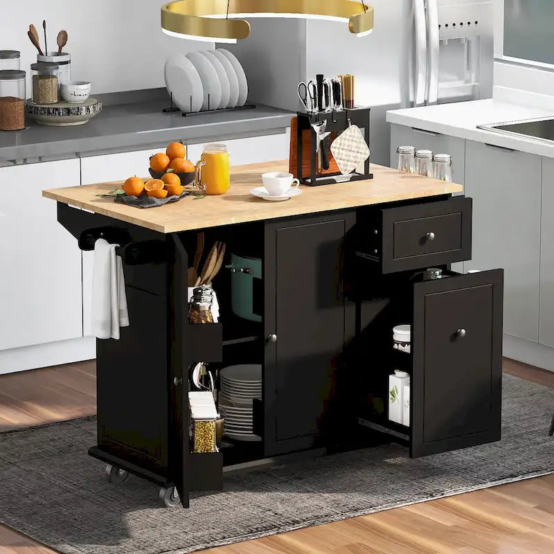 Îlot de cuisine roulant de 53,9 po de largeur avec abattant et armoire coulissante à 3 niveaux
