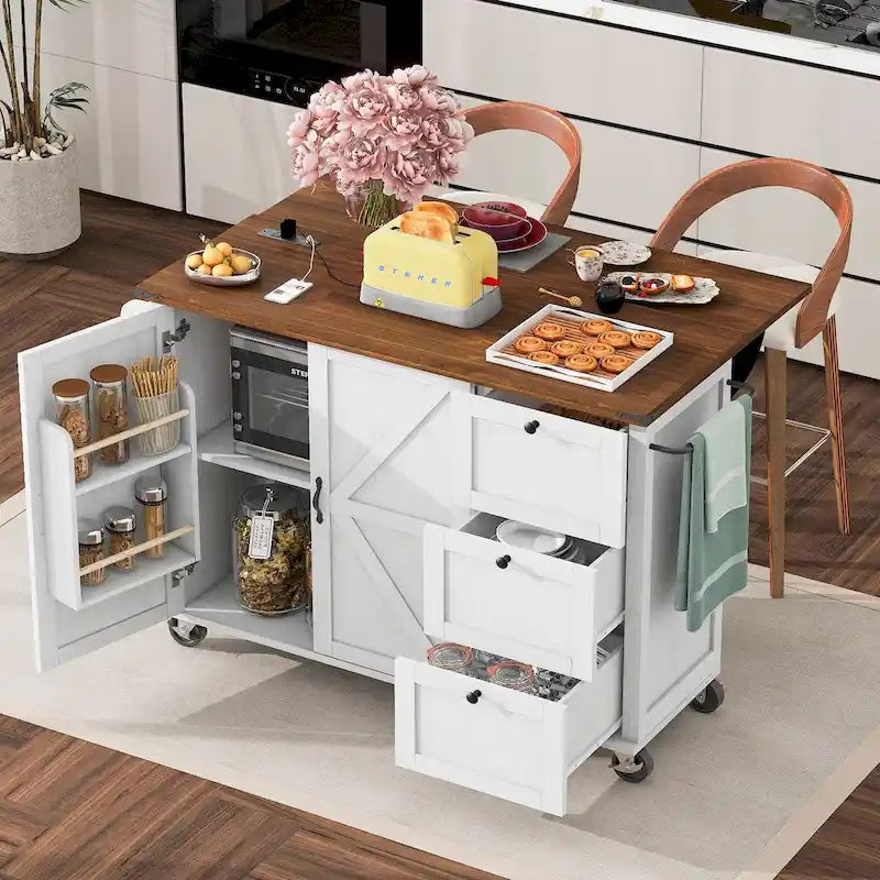 54,5 Pouces Ilot de Cuisine de Ferme avec Prise Électrique, Ilot de Rangement de Cuisine avec Étagère de Rangement Interne, Abattant, Étagère à Épices