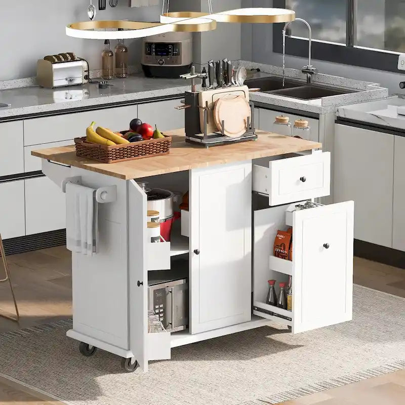 Îlot de cuisine en hévéa avec plateau rabattable de 136,9 cm de large, sur 5 roulettes avec étagère de rangement interne et meuble coulissant à 3 niveaux