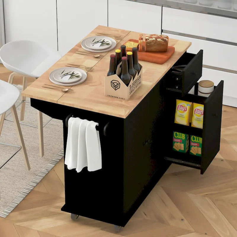 Îlot de cuisine en hévéa avec plateau rabattable de 136,9 cm de large, sur 5 roulettes avec étagère de rangement interne et meuble coulissant à 3 niveaux