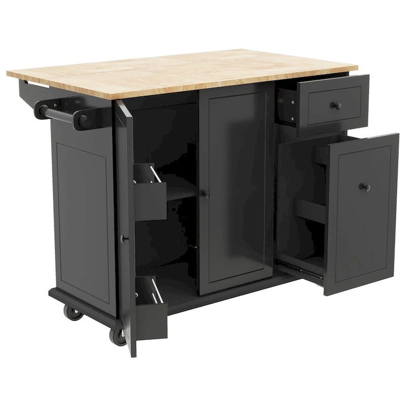 Îlot de cuisine en hévéa avec plateau rabattable de 136,9 cm de large, sur 5 roulettes avec étagère de rangement interne et meuble coulissant à 3 niveaux