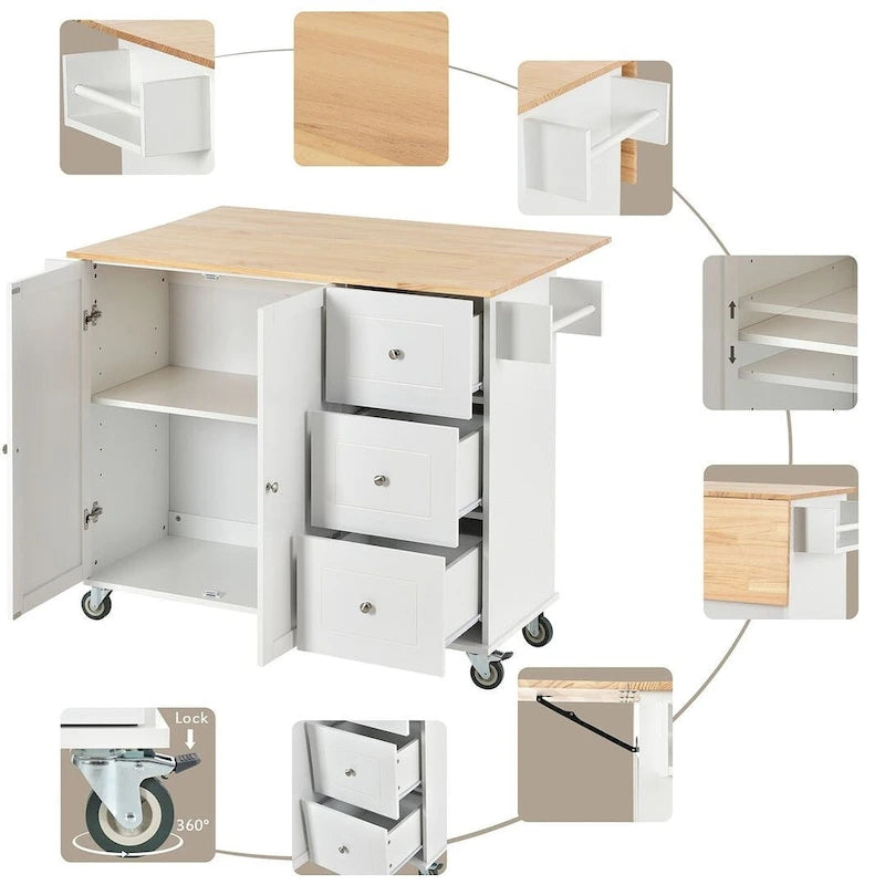 Chariot de cuisine pliant multifonctionnel et verrouillable de 52,7 W avec 2 portes et 3 tiroirs