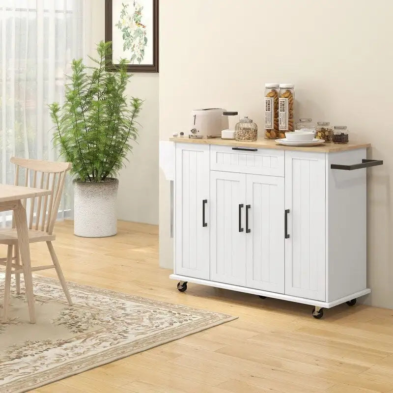52Îlot de cuisine roulant avec dessus en bois d'hévéa, porte-épices, porte-serviettes, tiroir