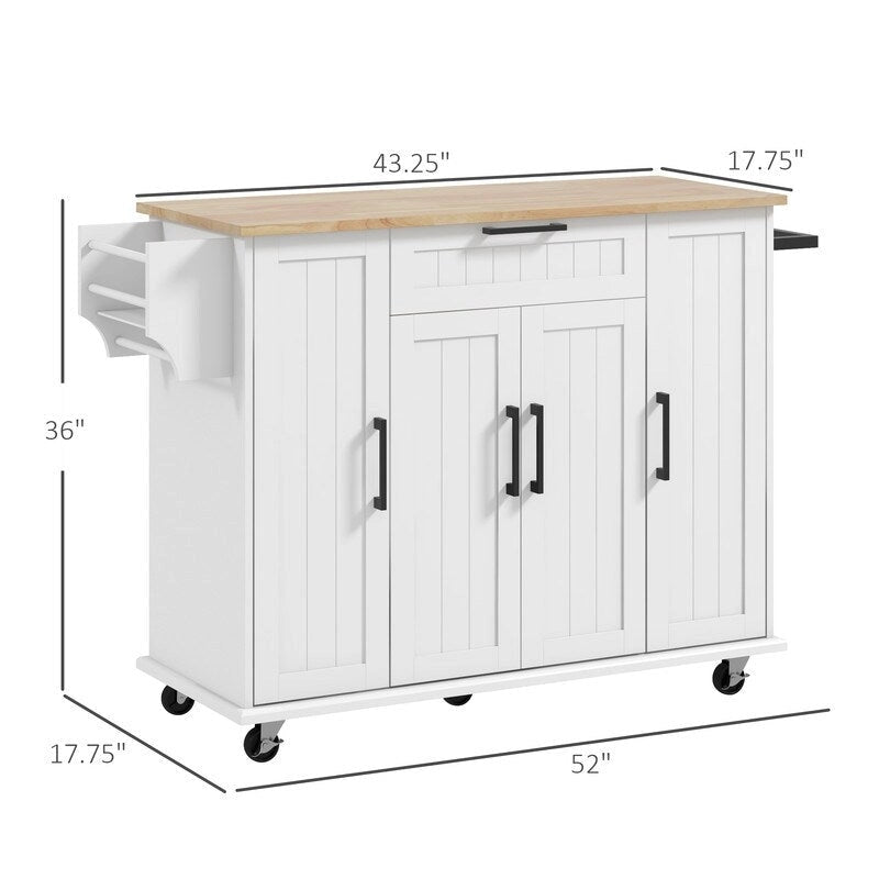 52Îlot de cuisine roulant avec dessus en bois d'hévéa, porte-épices, porte-serviettes, tiroir