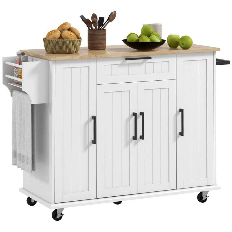 52Îlot de cuisine roulant avec dessus en bois d'hévéa, porte-épices, porte-serviettes, tiroir