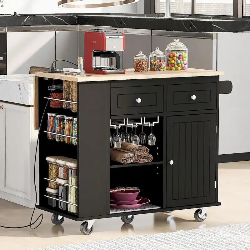 47 Chariot de cuisine moderne avec prise électrique, îlot de cuisine en bois d'hévéa avec abattant et meuble de rangement réglable