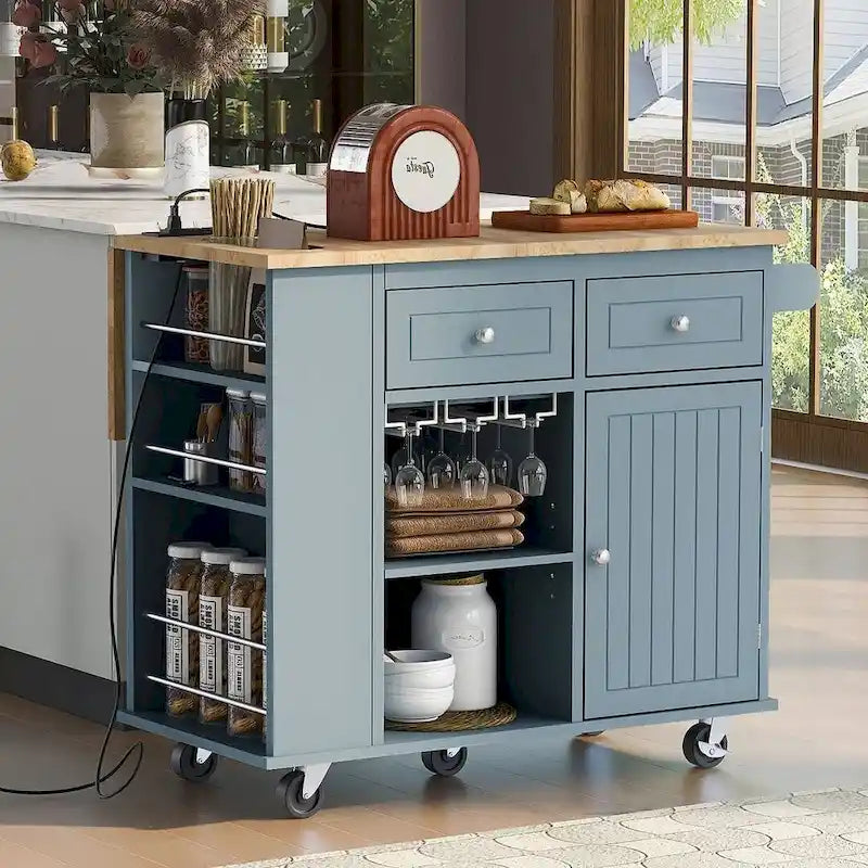 47 Chariot de cuisine moderne avec prise électrique, îlot de cuisine en bois d'hévéa avec abattant et meuble de rangement réglable