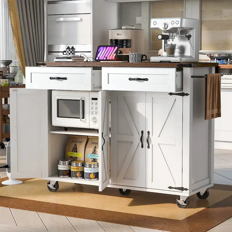 53,5'' îlot de cuisine avec prise de courant, îlot de rangement de cuisine avec rallonge à abattant, porte-épices et tiroir