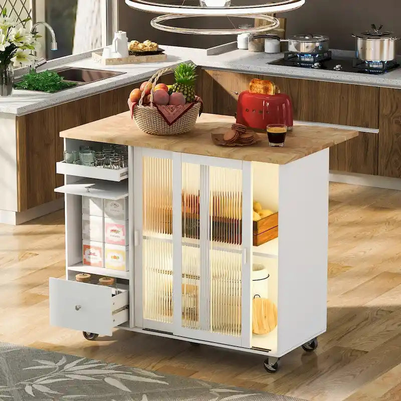Îlot de cuisine de 111,76 cm de large avec plateau en bois d'hévéa à abattant sur 5 roulettes avec étagère réglable et 2 tiroirs - 44