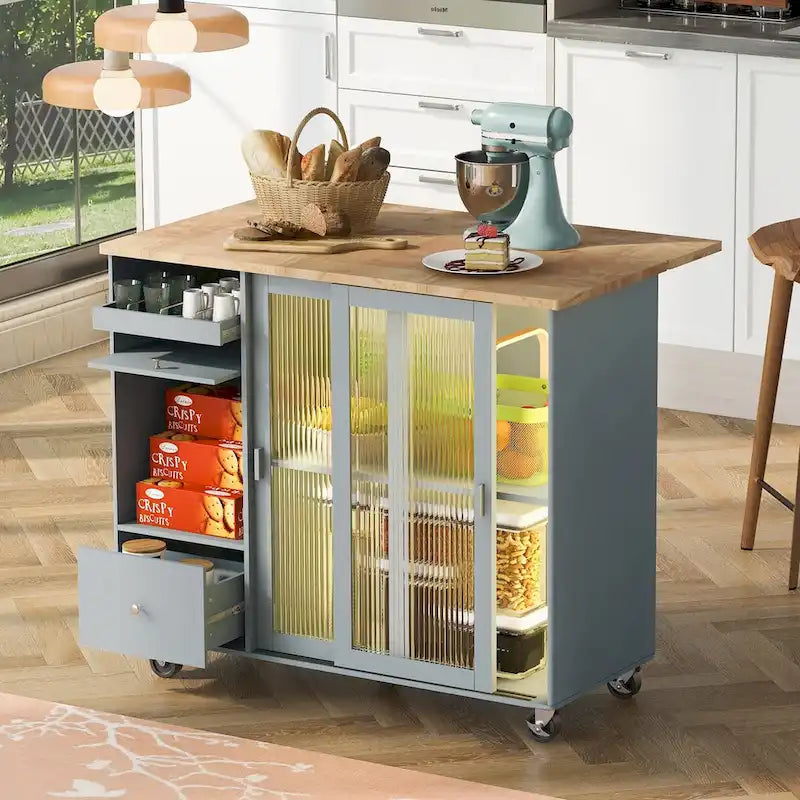 Îlot de cuisine de 111,76 cm de large avec plateau en bois d'hévéa à abattant sur 5 roulettes avec étagère réglable et 2 tiroirs - 44