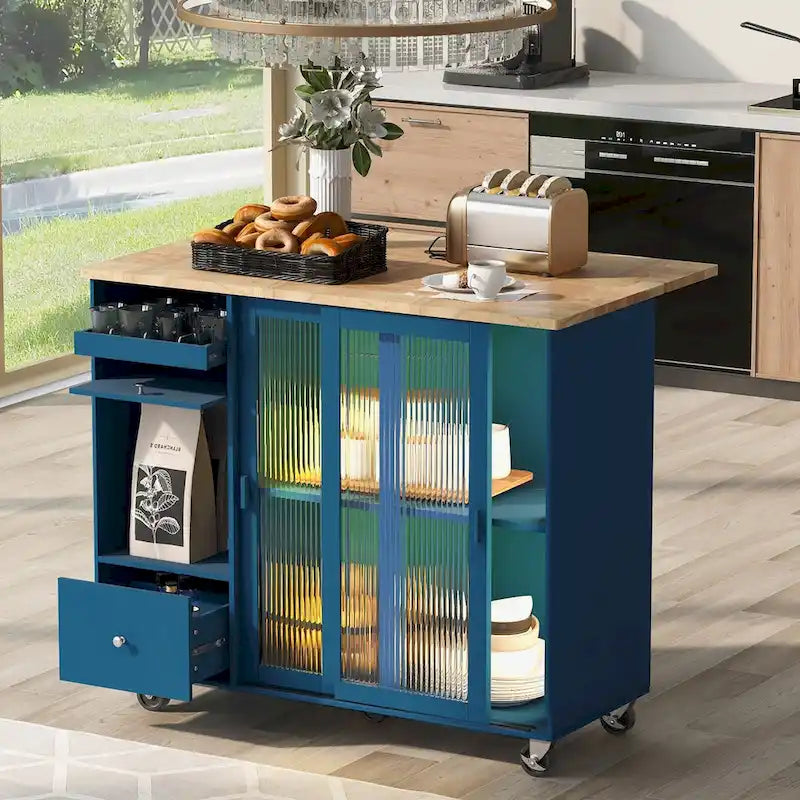 Îlot de cuisine de 111,76 cm de large avec plateau en bois d'hévéa à abattant sur 5 roulettes avec étagère réglable et 2 tiroirs - 44