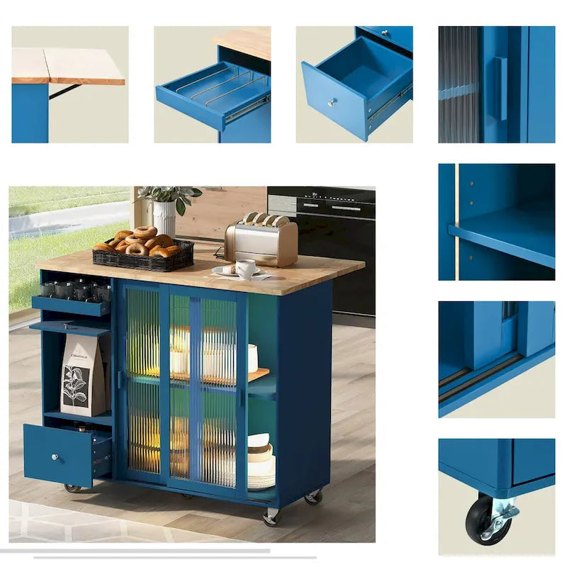 Îlot de cuisine de 111,76 cm de large avec plateau en bois d'hévéa à abattant sur 5 roulettes avec étagère réglable et 2 tiroirs - 44