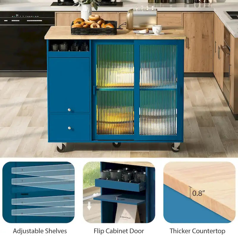 Îlot de cuisine de 111,76 cm de large avec plateau en bois d'hévéa à abattant sur 5 roulettes avec étagère réglable et 2 tiroirs - 44