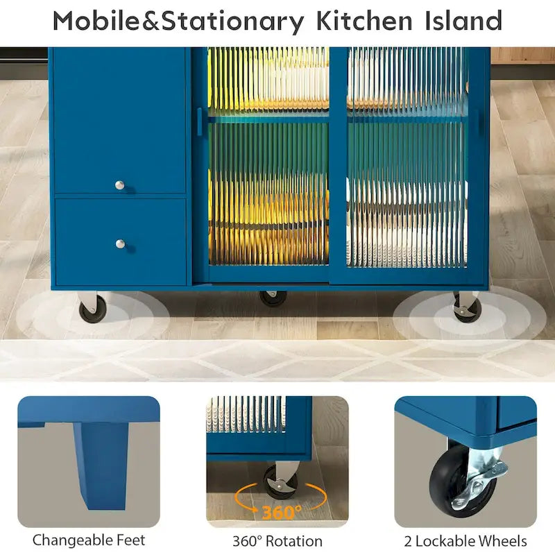 Îlot de cuisine de 111,76 cm de large avec plateau en bois d'hévéa à abattant sur 5 roulettes avec étagère réglable et 2 tiroirs - 44