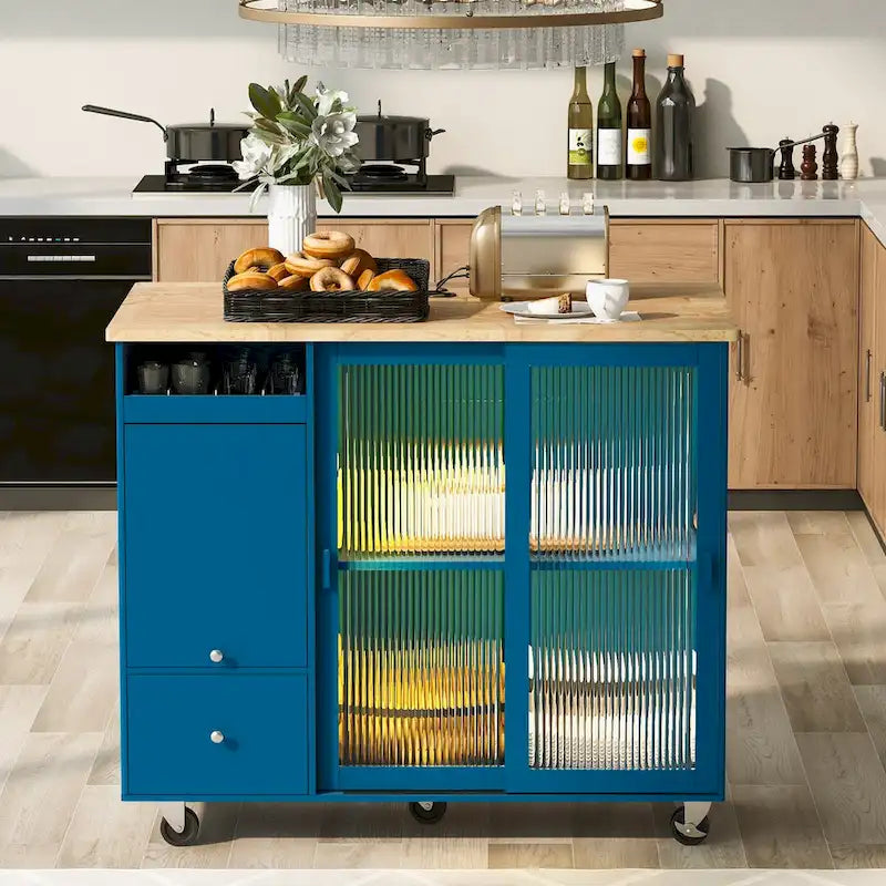 Îlot de cuisine de 111,76 cm de large avec plateau en bois d'hévéa à abattant sur 5 roulettes avec étagère réglable et 2 tiroirs - 44